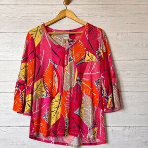 Nic + Zoe Top Womens Size Small Colorful Linen Blend Henley Foliage Bell Sleeve